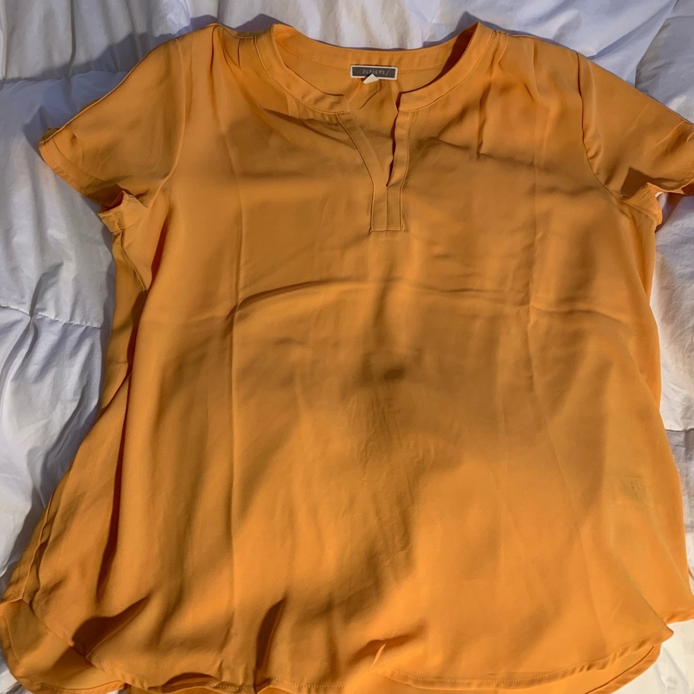 Pleione Mustard Yellow 💛 Notch Neck Short Sleeve Blouse Top Shirt Foley NWOT